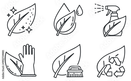 A set of eco-themed icons featuring leaves, water droplets, cleaning tools, and recycling symbols in minimalist outline vector style, perfect for environmental projects and sustainability branding
