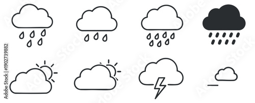 A collection of weather icons including clouds, rain, and sunshine in minimalist outline vector style, suitable for meteorological designs and apps