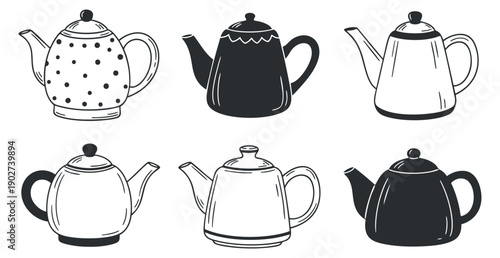 A collection of six teapots in black and white outline style, suitable for kitchen and dining design projects