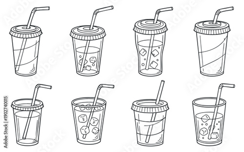 A collection of eight different beverage cups with straws in clean outline vector style, suitable for food and drink branding