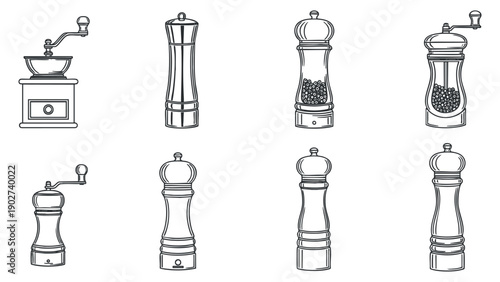 A collection of various pepper mills and grinders in clean black and white outline vector style, ideal for culinary design and food packaging