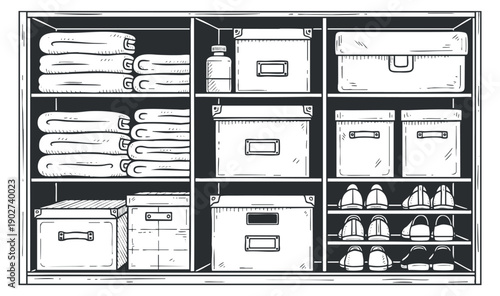 A set of neatly organized shelves with towels, storage boxes, and shoes in a black and white outline vector style, perfect for home organization projects