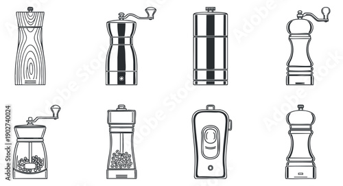 A collection of various spice grinders and mills in black and white outline vector style, ideal for culinary designs and kitchen branding