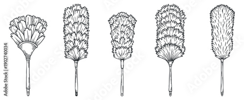 A collection of five dusters in elegant outline vector style, suitable for cleaning service branding and home design projects