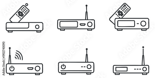 A set of minimal outline icons depicting remote controls and receivers in clean vector style, suitable for technology-themed projects