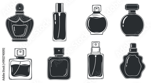 A collection of eight elegant perfume bottles in black and white outline vector style, suitable for cosmetic branding and packaging
