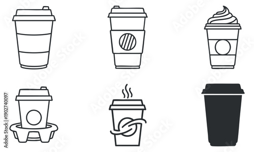 A collection of coffee cups in minimalist outline vector style, suitable for food and beverage branding and packaging