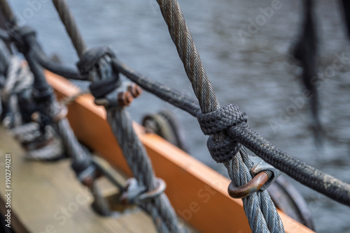 Detailed close-up of nautical ropes and cables