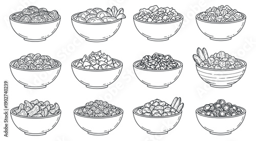 A collection of bowls filled with various Asian dishes in outline vector style, perfect for culinary and restaurant design