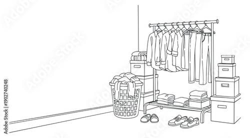 A minimalist outline sketch of a wardrobe with hanging clothes, a laundry basket, and storage boxes, suitable for interior design concepts