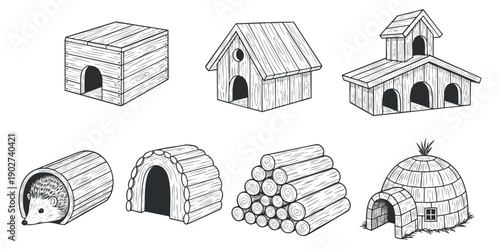 A collection of various animal shelters including a hedgehog home, wooden houses, and log structures in black and white outline vector style, suitable for nature-themed projects