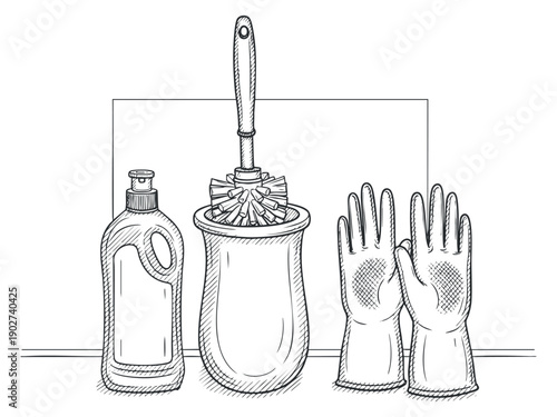 A collection of cleaning supplies including a mop, detergent bottle, and rubber gloves in a sketch style vector illustration, ideal for cleaning services or household use