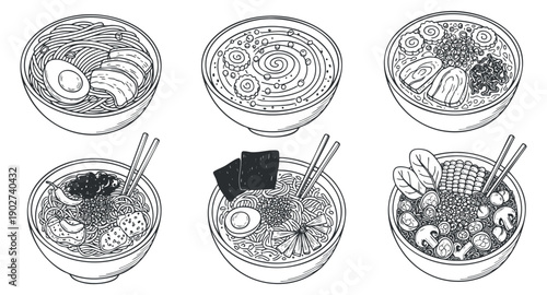 A collection of various ramen bowls with different ingredients in black and white outline vector style, ideal for food illustrations and menu design