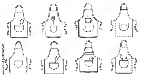 A collection of eight outline aprons featuring various kitchen utensils in minimalist vector style, perfect for culinary branding and design projects