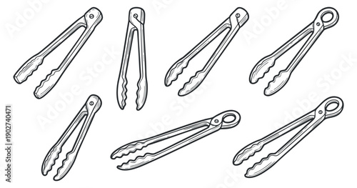 A set of kitchen tongs in black and white outline vector style, perfect for culinary design and food service