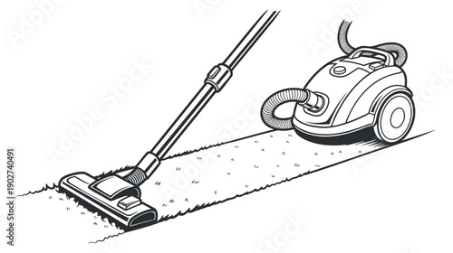 A vacuum cleaner with a hose and nozzle in a detailed black and white outline vector style, ideal for cleaning services and home improvement projects