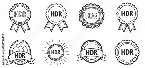 A collection of HDR badges and awards in black and white outline vector style, suitable for branding and promotional materials