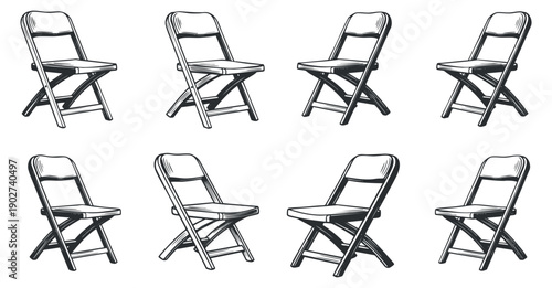 A collection of folding chairs in black and white outline vector style, ideal for furniture design and interior projects