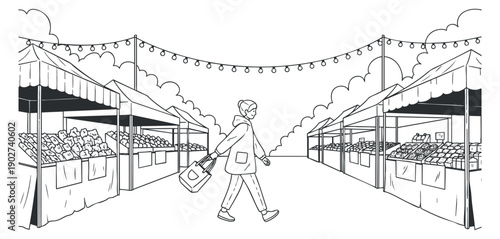 A person walking through an outdoor market filled with stalls of fruits and vegetables in a minimalist black and white lineart vector style, perfect for food and community themes