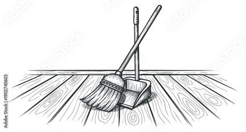 A broom and dustpan leaning against each other in a black and white sketch vector style, ideal for cleaning service branding