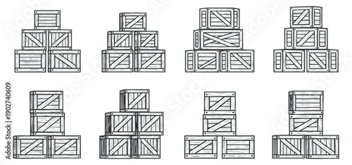 A set of wooden crates and boxes in minimalist black and white outline vector style, ideal for shipping and logistics design