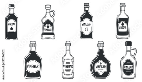 A collection of vinegar bottles in black and white outline vector style, suitable for culinary design and kitchen decor