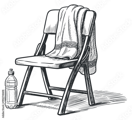A folding chair with a towel draped over it and a water bottle beside it in detailed sketch style, ideal for outdoor and leisure settings