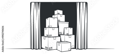 A stack of delivery boxes behind a curtain in black and white outline vector style, ideal for logistics and packaging design