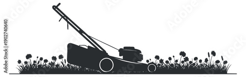 A silhouette of a lawnmower with a grassy border filled with flowers in black and white vector style, ideal for gardening projects