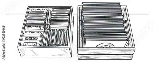 A collection of cassette tapes and vinyl records in black and white outline vector style, perfect for music-themed designs and retro decor
