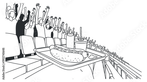 A crowd cheering in a stadium with a hotdog and drinks in minimalist outline vector style, ideal for sports events and food branding