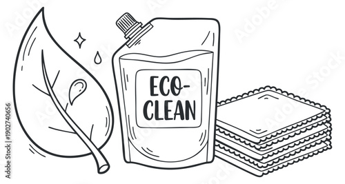 An eco-cleaning product with a leaf and stack of cleaning cloths in minimalist black and white vector style, ideal for green living branding