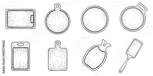 A collection of hand-drawn kitchen utensils including various cutting boards and serving tools in outline style, suitable for culinary designs