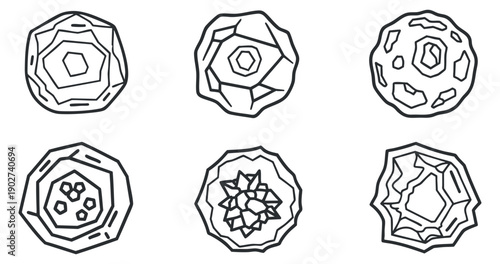 A collection of six outlined rock and mineral shapes in black and white vector style, suitable for educational materials and design projects