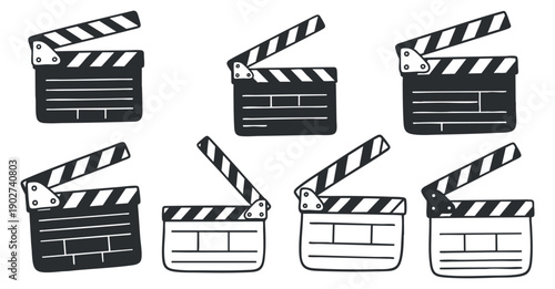 A collection of eight clapperboards in black and white outline vector style, ideal for film production and cinema projects