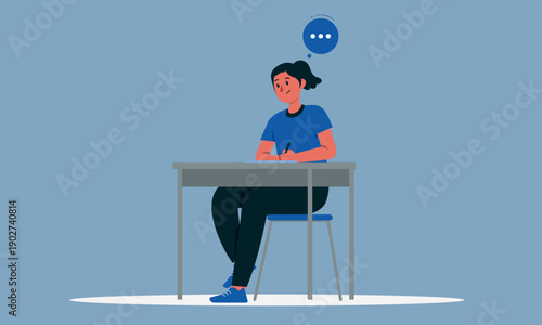 Young student sitting at desk with thought bubble, flat vector illustration of learning, concentration and classroom study concept on soft blue background