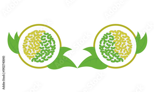Two circular bowls of green and yellow beans arranged in a yin-yang pattern with fresh leaves.