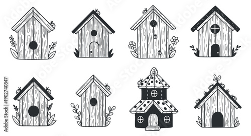 A collection of whimsical birdhouses in black and white vector style, ideal for nature-themed designs and crafts