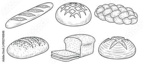 A set of various bread types including baguette, loaf, and rolls in black and white outline vector style, ideal for bakery branding and food menus