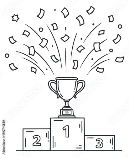 A trophy on a winner's podium with confetti and stars in a minimalist outline vector style, ideal for award ceremonies and celebration themes