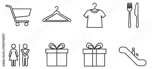 A collection of shopping and lifestyle icons including a cart, hanger, t-shirt, cutlery, gender symbols, and gift boxes in minimalist outline vector style, ideal for ecommerce and retail applications