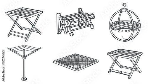 A collection of various clothes drying racks in simple black and white line art style, suitable for home organization and interior design projects