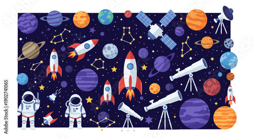 A cheerful astronaut points towards the stars, inspiring curiosity and exploration in educational materials.