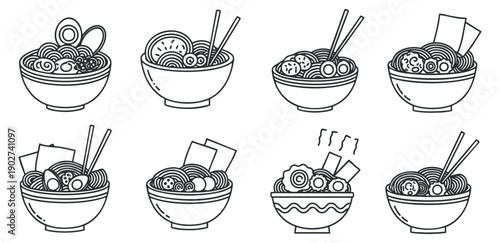 A set of eight noodle bowls with various toppings in clean outline vector style, ideal for food branding and menu design