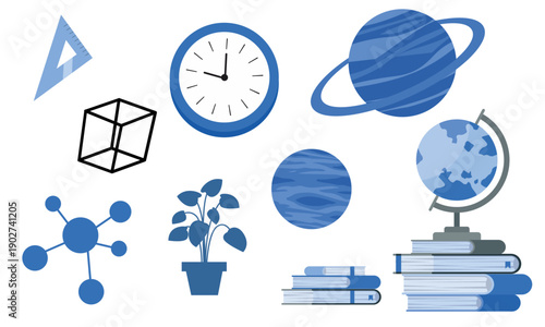 Collection of blue school and science icons including a globe on books planets a clock and a molecule.