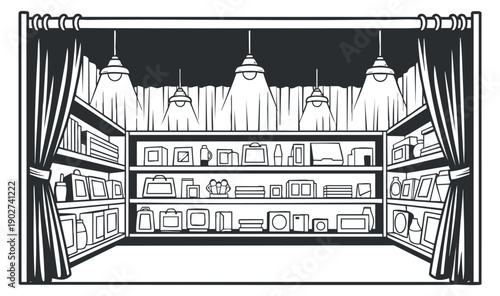 A detailed illustration of a storage room with shelves filled with various items in minimalist black and white vector style, ideal for interior design projects
