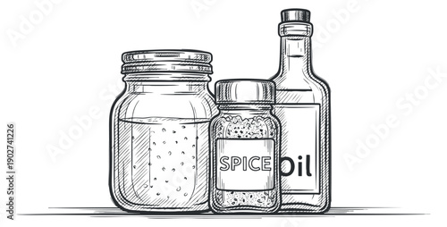 A collection of spice jars and oil bottles in black and white sketch style, ideal for culinary branding and food packaging