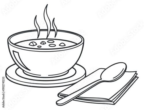 A bowl of steaming soup on a plate with a spoon and napkin in black and white outline vector style, ideal for culinary projects