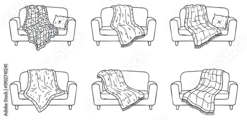 A collection of six cozy sofas with various blankets in minimalist outline vector style, ideal for home decor projects