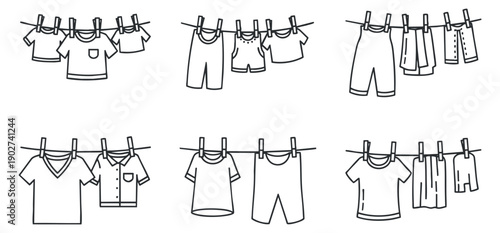 A collection of hanging clothes including shirts, pants, and shorts in black and white outline vector style, ideal for laundry-themed designs